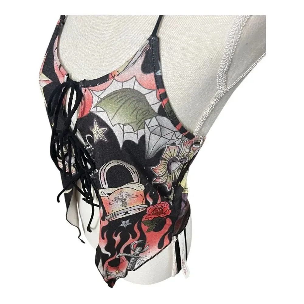 Romwe Black Multicolor Moon Floral Print Halter Top Size L Lace Up Open Back - Picture 5 of 10